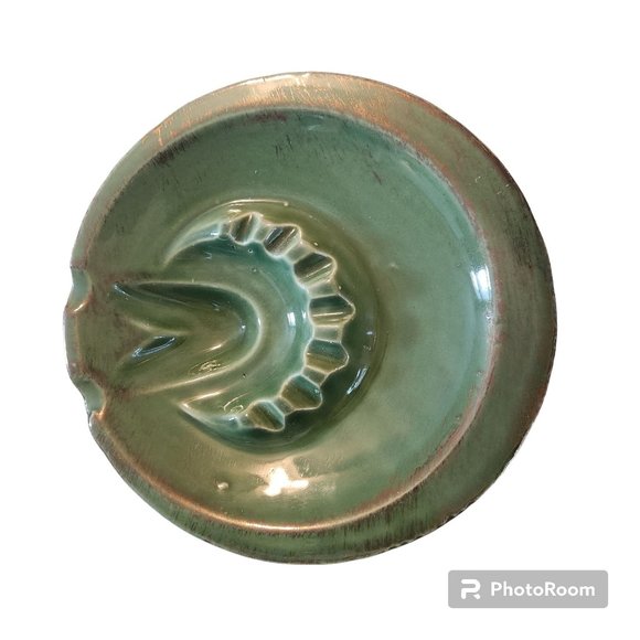 MCM 1961 Green Glazed Ashtray Gold Brush Marks Handmade 7"D Markings On Bottom - Picture 2 of 7